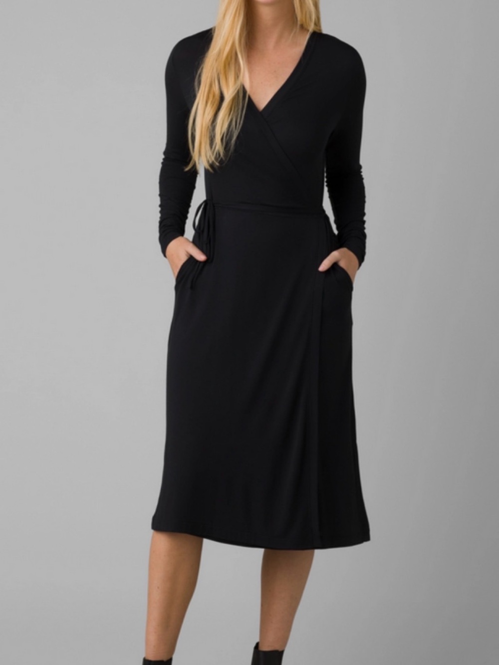 Prana Nadia Black Long-Sleeve Wrap Midi Dress XS